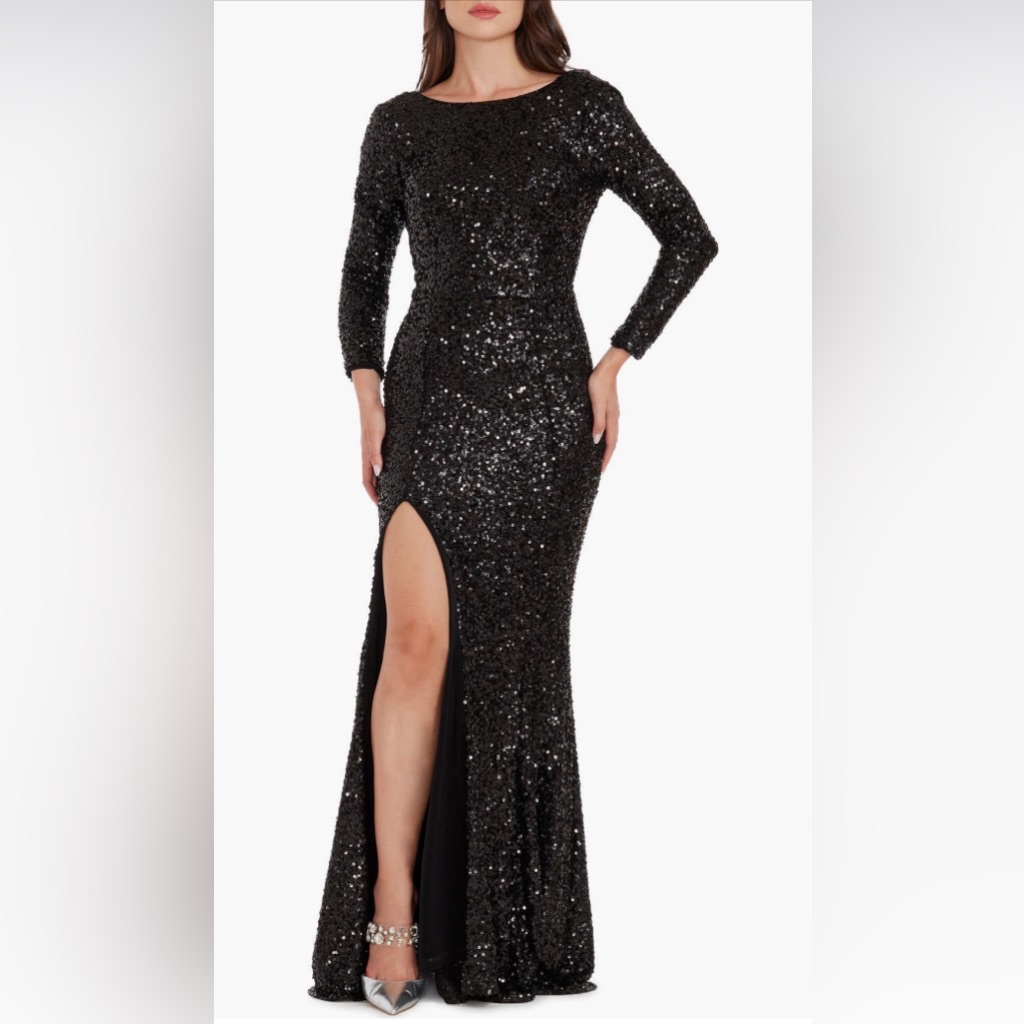 Dress The Population Janette Black Sequin Long Sleeve With Slit Mermaid Gown